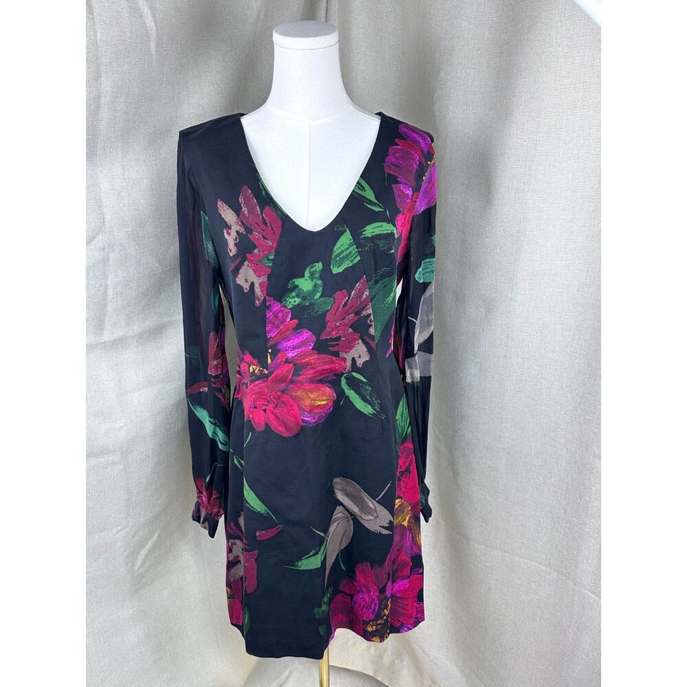 Trina Turk Womens 10 Black Floral V-Neck Long Sleeve Dress Sheer Sleeves